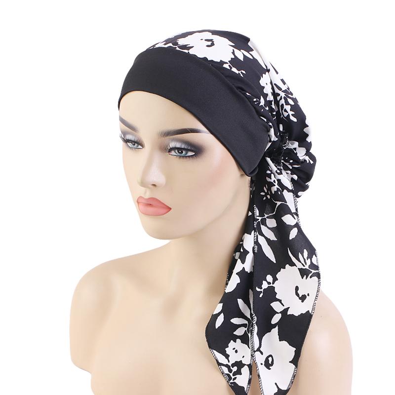 New Womens Pre-Tied Turban Cap Muslim Hijab Cancer Chemo Flower Print Hat Cover Hair Loss Head Scarf Wrap Strech Bandana