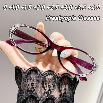 Luxury Round Frame Reading Glasses Fashion Diamond Frame Presbyopia for Women HD Lens Ultralight Far Sight Eyeglasses 0+1.0+4.0