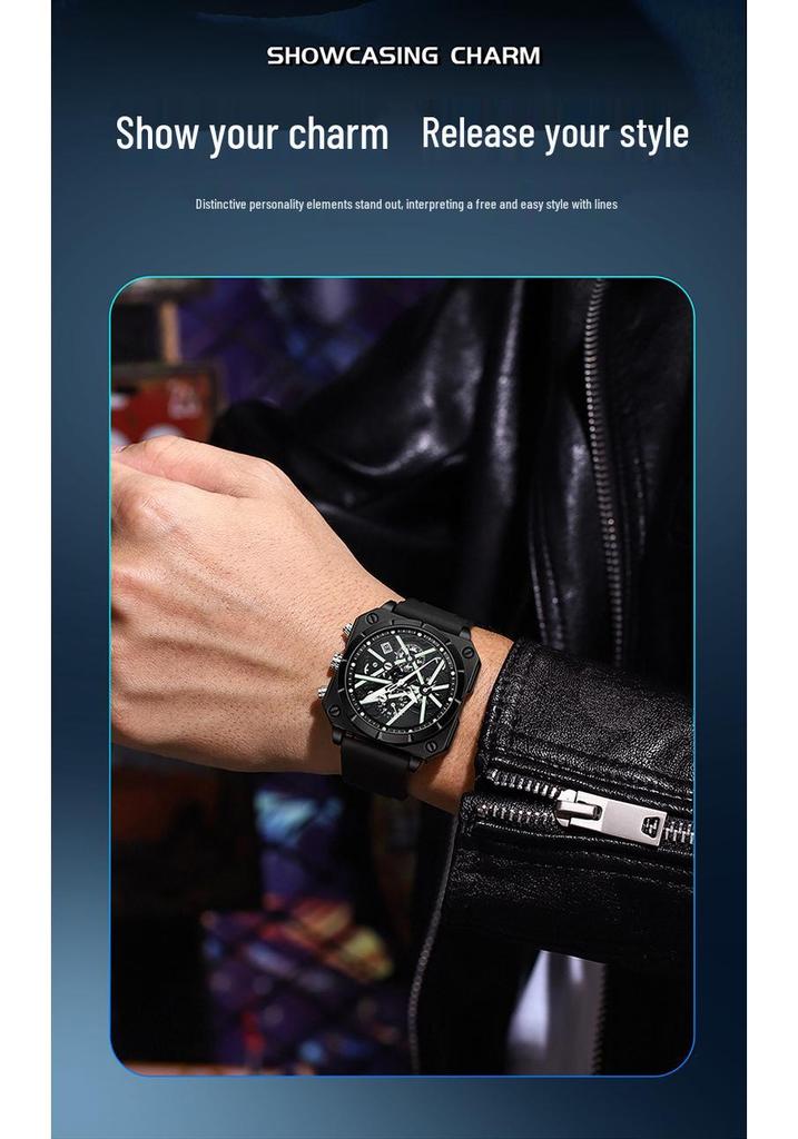 OFNS Men's Six-Needle Chronograph Quartz Watch with Luminous Bar Markers, Square Face, Waterproof, and Calendar.