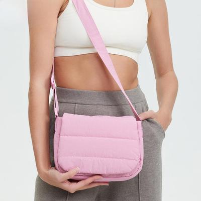 Kleine quadratische Tasche aus Nylon für Damen, Clip, Baumwolle, breiter Schultergurt, Umhängetasche, einfache, leichte Handtasche mit Klappe