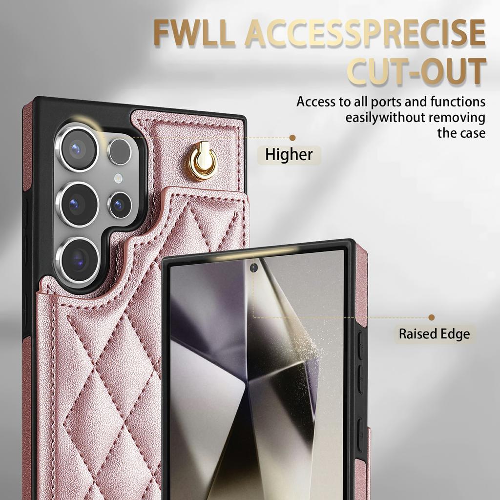 For Samsung Galaxy S24 Ultra Case with Wrist Strap Card Slots Rhombus Leather+TPU Phone Cover
