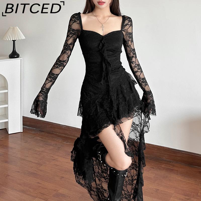 BITCED Autumn Women's Solid-Colour High-Waisted Fashion Square-Neck Long-Sleeved Lace-Panel Dress