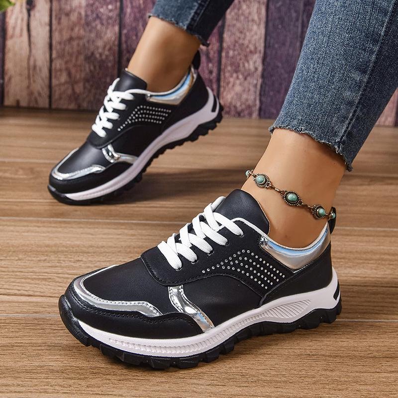 Fashion Pu Leather Platform Sport Shoes Women 2025 Crystal Decor Thick Bottom Sneakers Woman Plus Size Non Slip Casual Walking Shoes 43