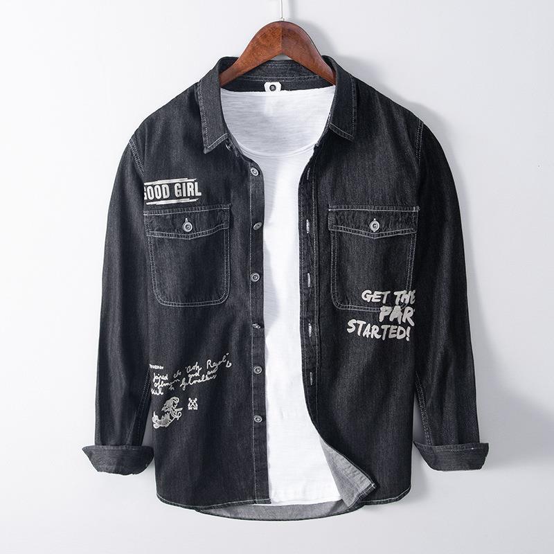 

Весенне-осенняя джинсовая рубашка с длинным рукавом для мужчин, корейская ретро-джинсовая рубашка с принтом букв, свободный верх, двойные карманы, молодежная повседневная рубашка XXXL чёрный