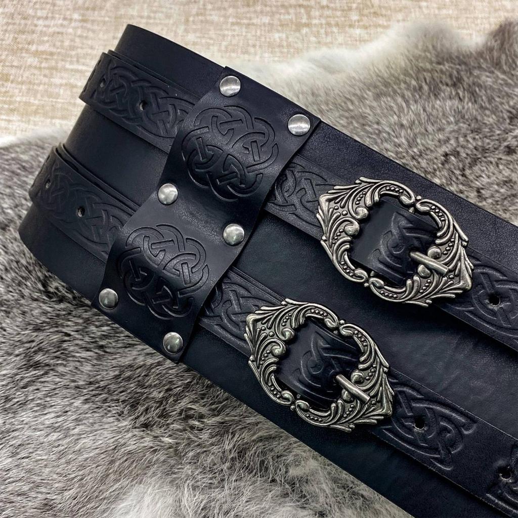 Layered Wide Belt with Rivets Embossed Wrap Buckles Fashion Waistband