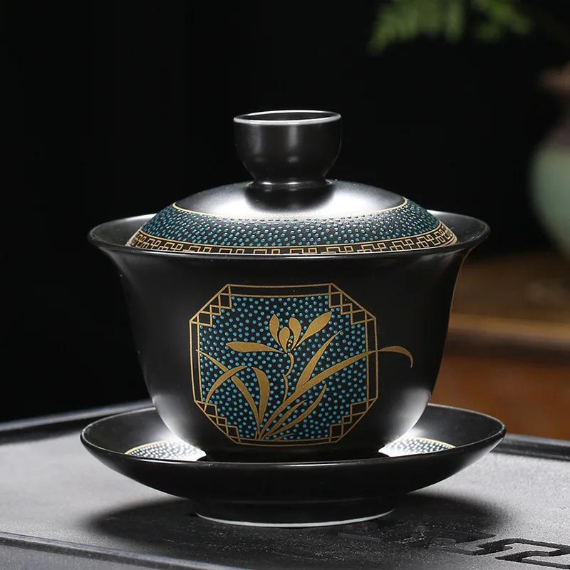 Chinese Teaset Classical Gaiwan Tea Cups Black Clay Tureen Lid Bowl Saucer Traditional Handmade Tea Brew Tea Cup