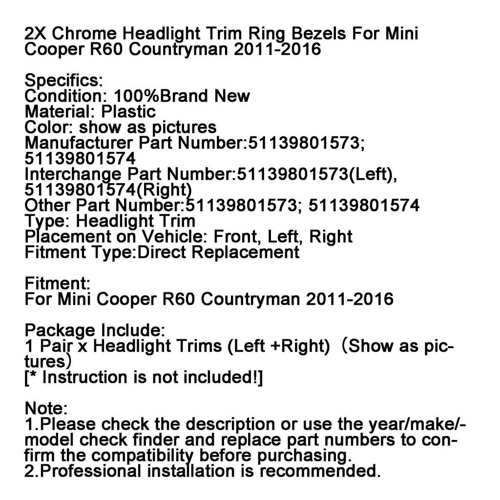 2X Chrome Headlight Trim Ring Bezels For Mini Cooper R60 Countryman 2011-2016