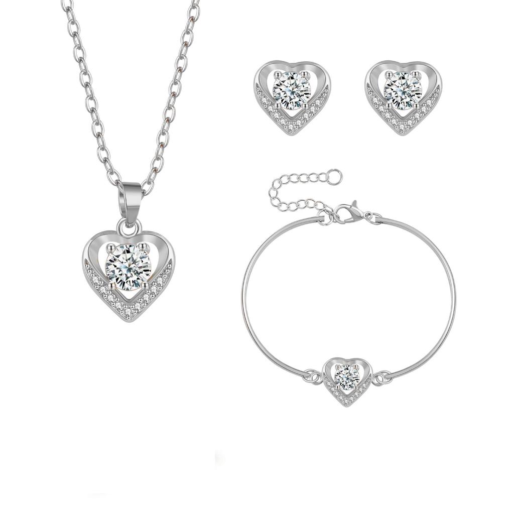 Europäischer und Amerikanischer Stil Vergoldetes Pfirsichherz Schmuckset: Kupfer-Mikro-Inlay Zirkon Ohrringe, Halskette und Ring.