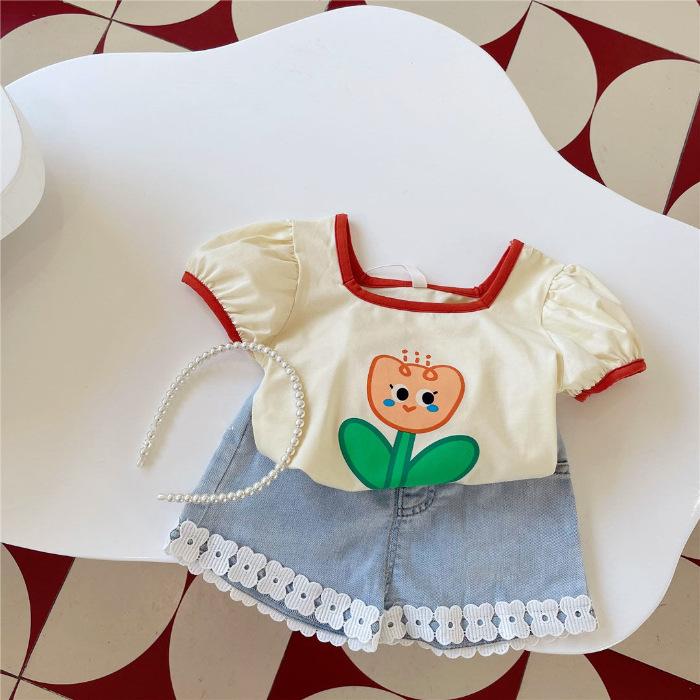 Girls Summer Floral Print Short Sleeve T Shirt Sweet Cute Korean Top