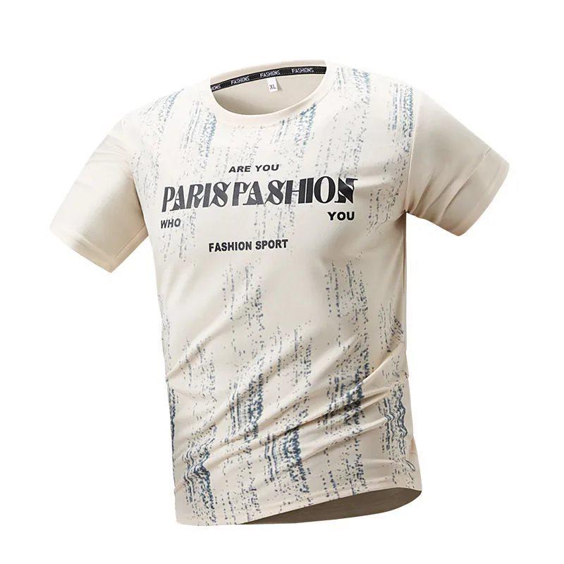Herren Trendy Eis Seide Schnelltrocknendes Rundhals-T-Shirt - Atmungsaktives Sommer-Kurzarm-Sportoberteil mit Persönlichkeits-Print. M apricot