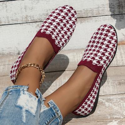 2025 Round Toe Flat Shoes Female Shallow Mouth Sports Footwear Womens Plus Size Walking Knitting Sandals Plaid Print Loafers