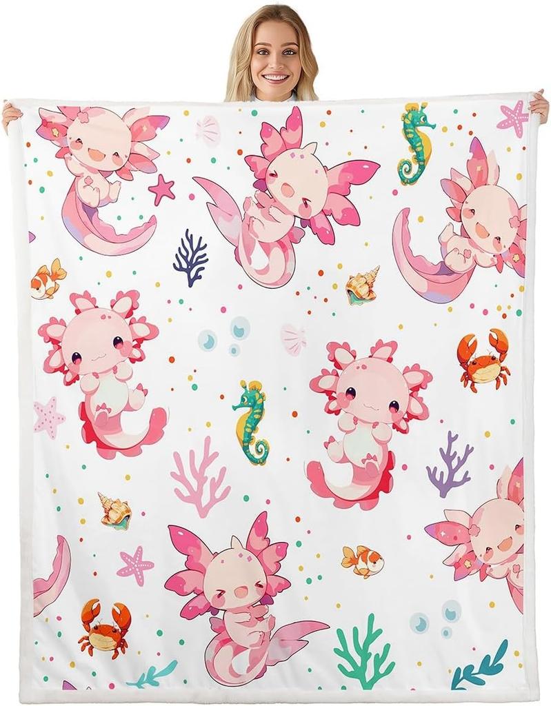 Cute Pink Axolotl Blanket Soft Fleece Throw Cherry Blossom Design Fantasy Art Kids Room Decor