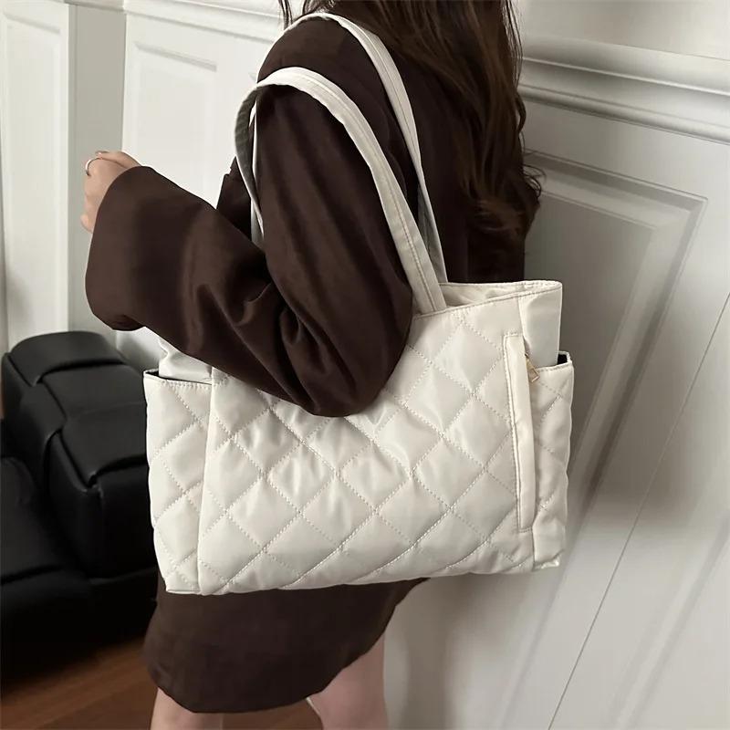 Simple Quilted Design Shoulder Bags for Women Large Capacity Ladies Shopping Tote Bag Versatile Solid Color Female Handbags