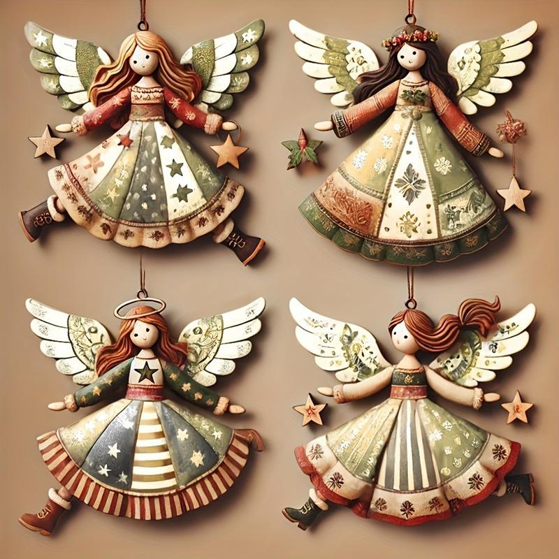 4 Pezzi/Set Decorazione Sospesa Angelo Vintage Ornamento Sospeso Albero di Natale Fantasy in Legno Decorazione Natale per Casa Regalo Nuovo Anno 2026