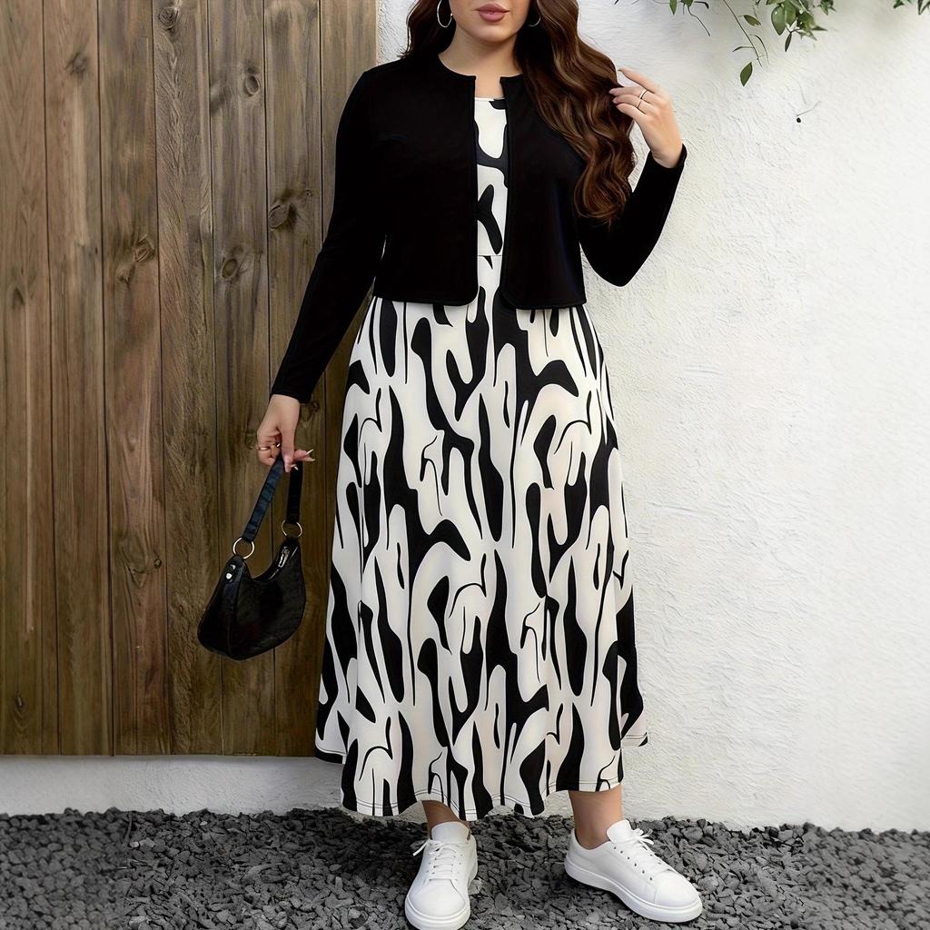 Plus Size Women's Autumn/Winter Casual Printed Skirt & Dress Set with Pockets
