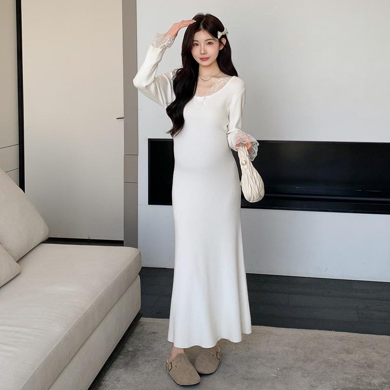 

Korean Fashion V-Neck Knit Patchwork Lace Maternity Dress - Spring 2026 2XL білий