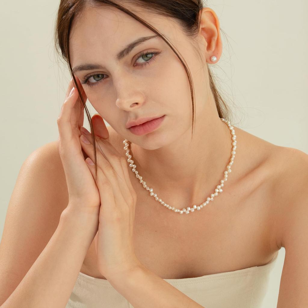 [Zynzonis] Freshwater Pearl Necklace for Women, Small Pearl Choker, 40–42cm, Silver Clasp, Nickel-Free, Layering, Gift
