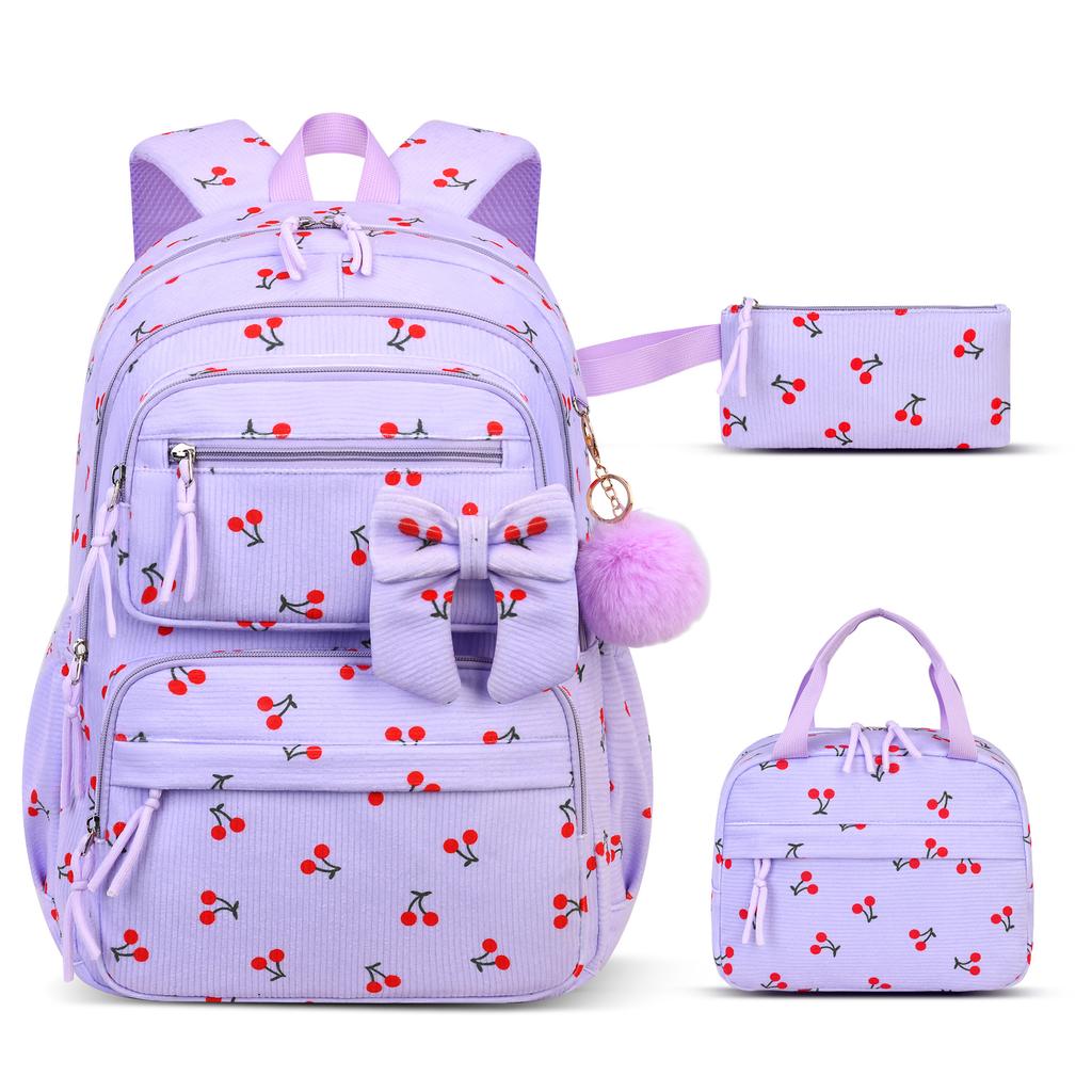 Corduroy Three-Piece Backpack Cherry Pattern Girl Heart Large Capacity Lightweight Backpack