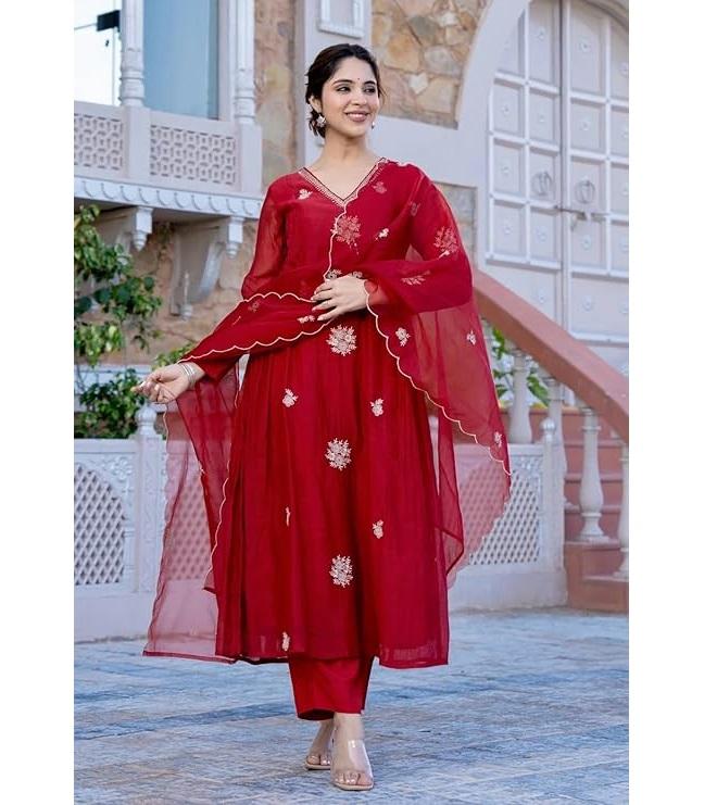 Women Designer Embroidery Solid Anarkali Kurta and Pant Set with Dupatta Set S красный