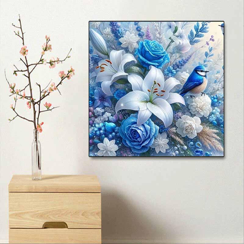 New Arrival 5D DIY Full Circle Diamond Painting "Blue Flowers and Birds" Embroidery Cross Stitch Home Decor Gift