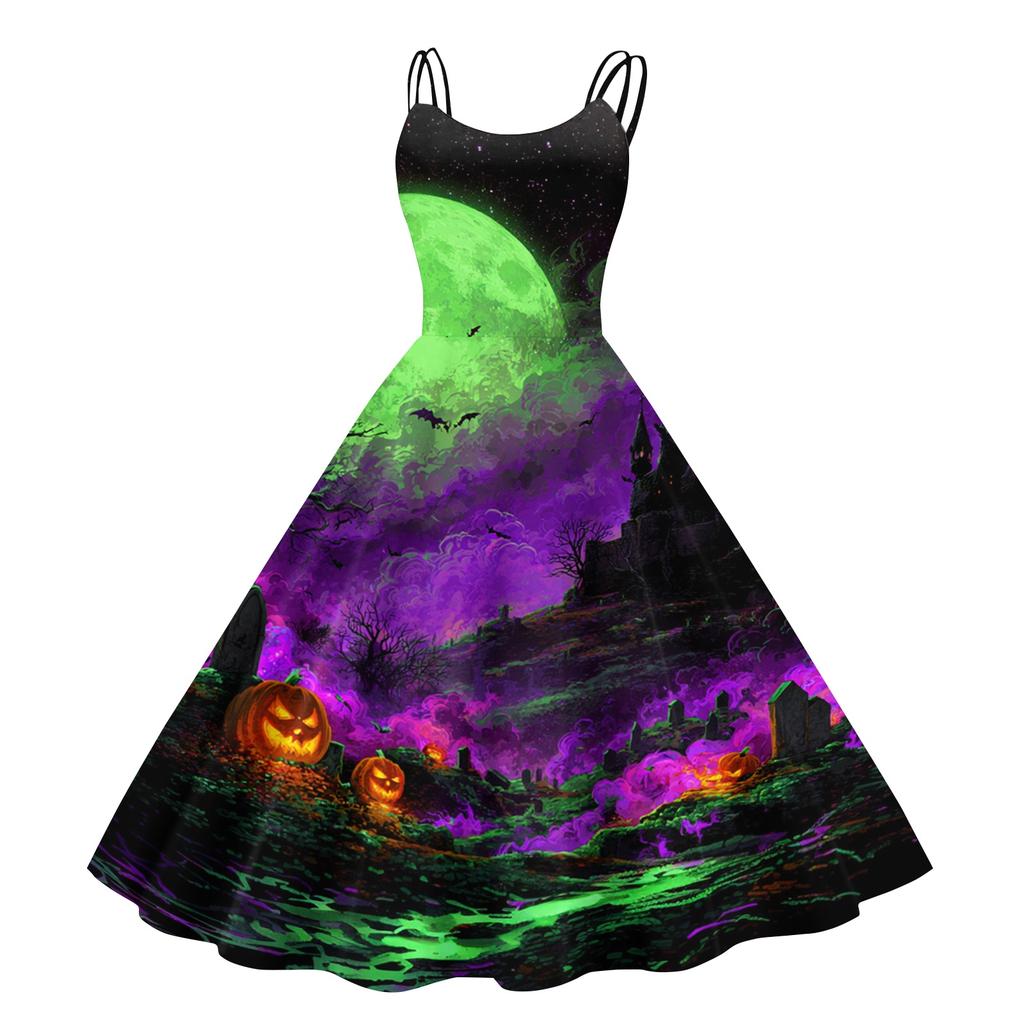 Women Halloween Print Off Shoulder Punk Vintage Dress Sleeveless Spaghetti Strap Fit and Flare Midi Dress for Party