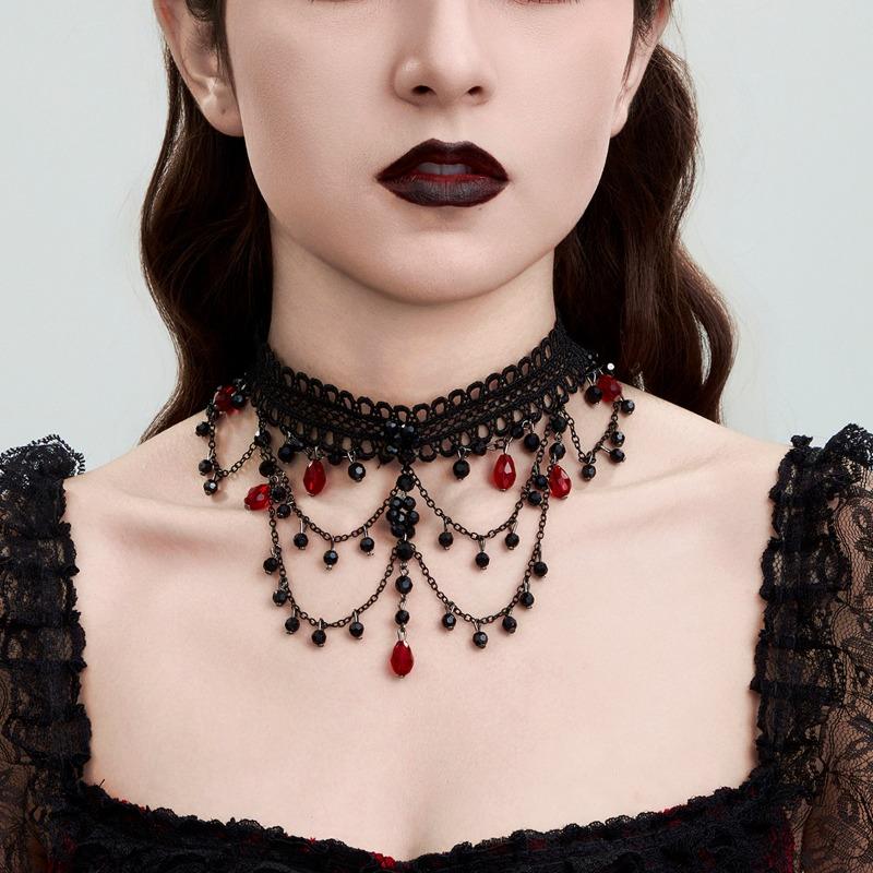 

Meier Palace style black lace clavicle chain retro cross crystal beaded tassel necklace