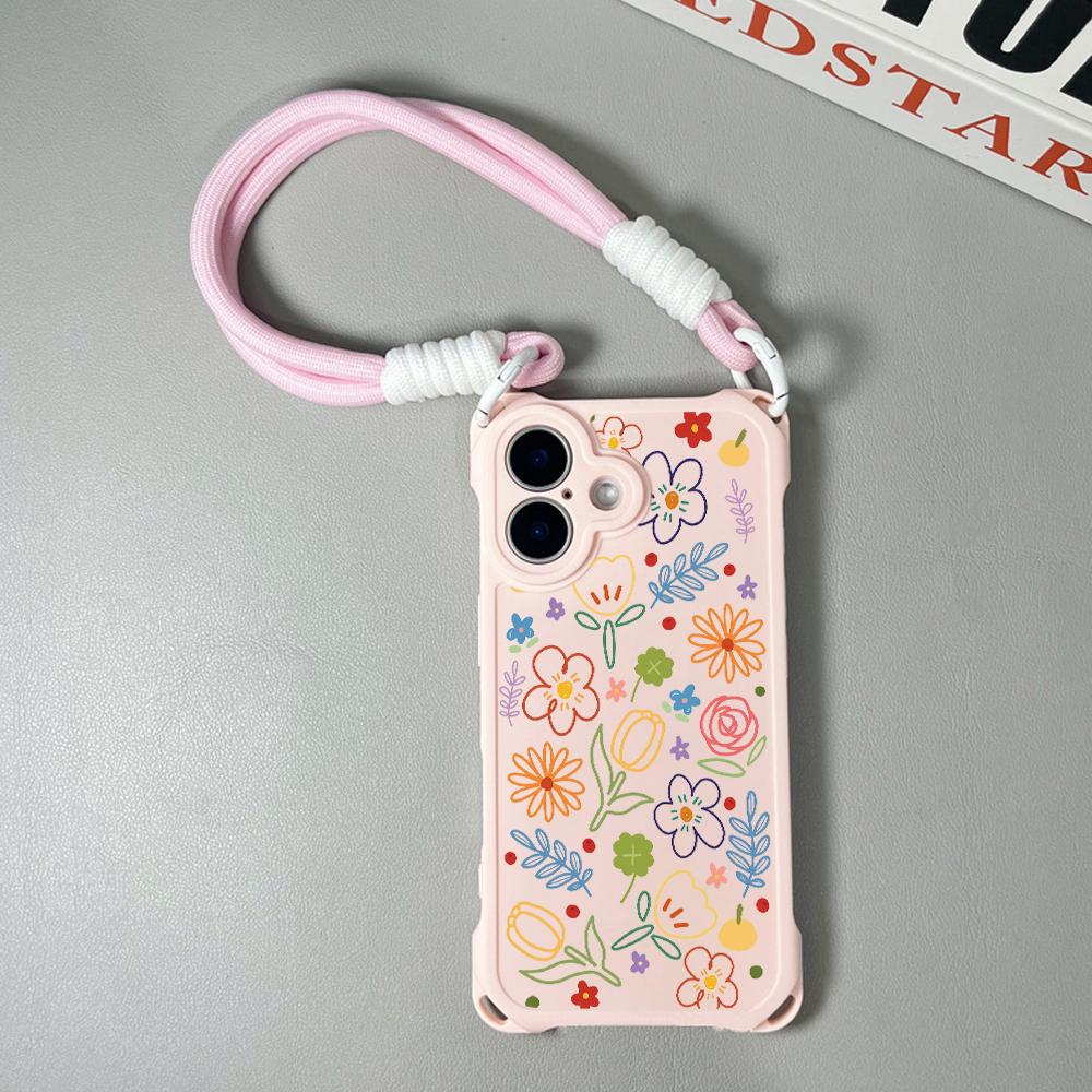 

Wrist Strap Phone Case for iPhone 17 Pro Max 16 15 14 12 Beautiful Flower Silicone TPU Soft Bumper Lanyard Strap Rope Cover Bags iPhone 12