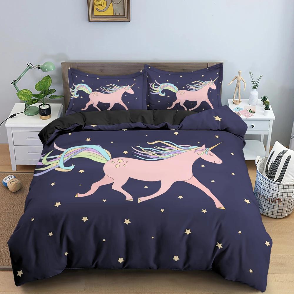Unicorn Duvet Cover King Queen Cartoon Animal Bedding Set Kids Teens Adults Lovely White Magical Creatures Polyester Quilt Cover
