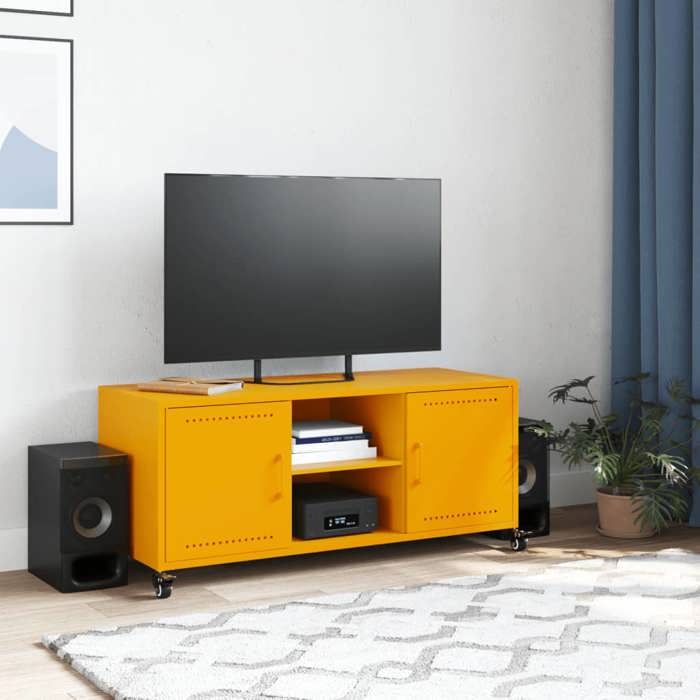 VidaXL Meuble TV, Armoire de Télévision avec Étagères, Support Télé avec Rangement Salon Salle de Séjour, Jaune Moutarde 846665
