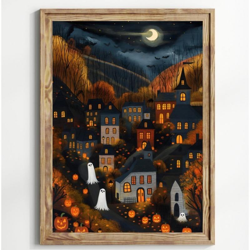 Poster Print Fantomă și Pisică Neagră Flori Sălbatice de Pădure Pictură pe Pânză cu Dovleac Artă Spooky de Halloween Cameră Dark Academia Decor Acasă