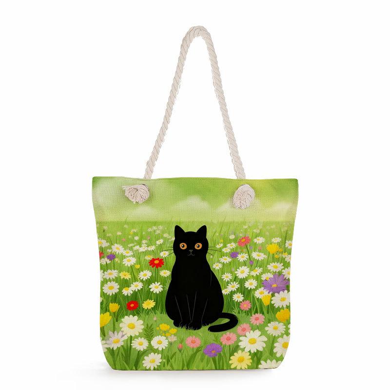 Multifunctional Black cat  Printed Thick Rope Shoulder Beach Bag 7579