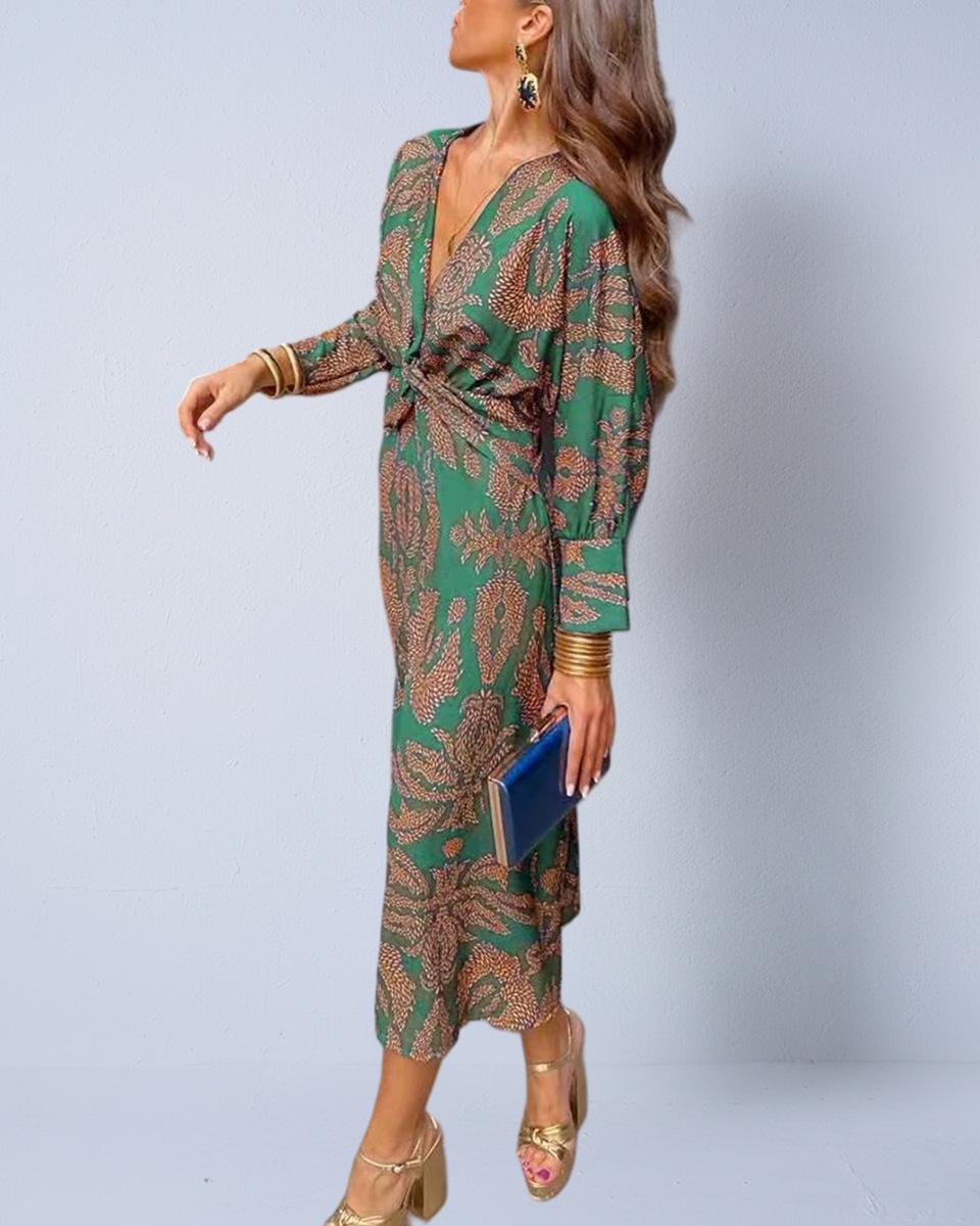 European & American Style Satin V-neck Long-sleeve Floral Dress for Spring Medium зелёный