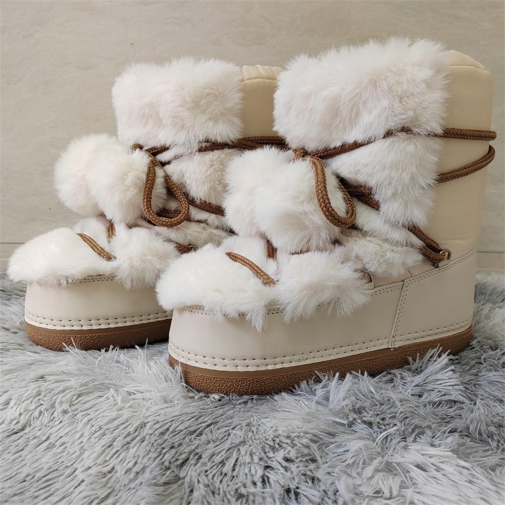 Faux Fur Boots for Women Warm Comfortable Woman Ski Boots  Winter Middle Claf Lace-up Waterproof Platform Snow Boots Black