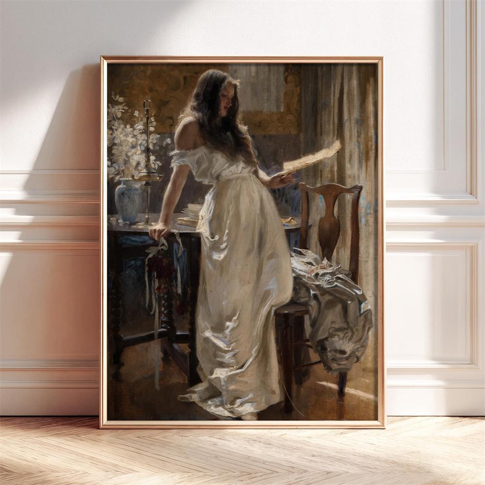 Girl in Pink Dress Romantic Oil Painting Art Print Poster Classic Art Portrait Poster Canvas Painting Woman in Black Dress Decor