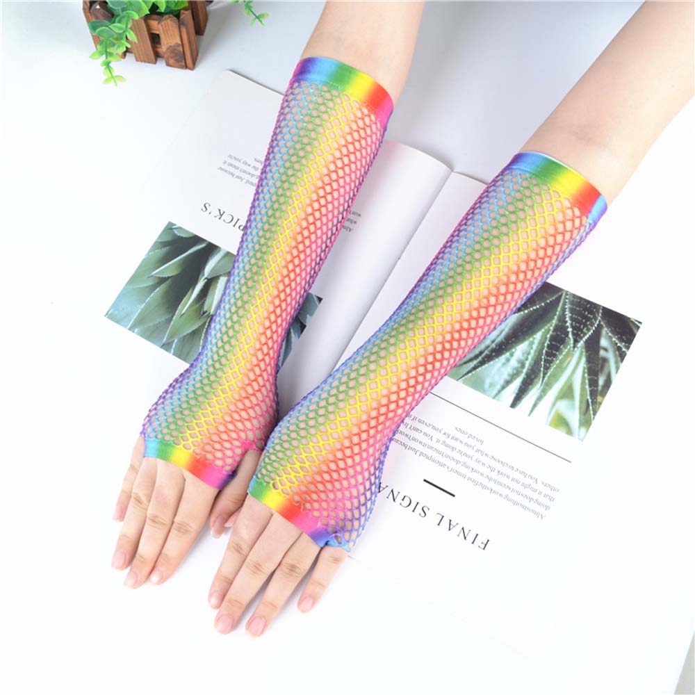 For Women Party Girl Long Half Finger Nylon Rainbow Color Gloves Arm Sleeves Fishing Net Gloves
