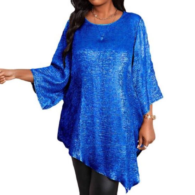 Sparkling Irregular Hem Blouse Women Loose Fit Round Neck Tee Shirt Ninth Length Sleeve Mid Top Daily Wear