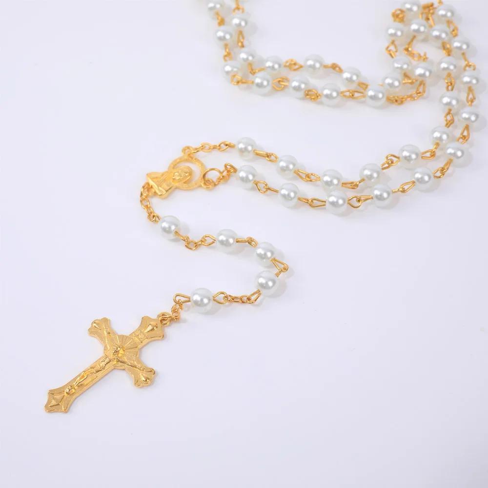 Religieuze Rozenkrans Ketting Voor Vrouwen 6MM Witte Imitatie Parels Lange Ketting Kruisbeeld Kruis Hanger Gebed Feest Sieraden Cadeau
