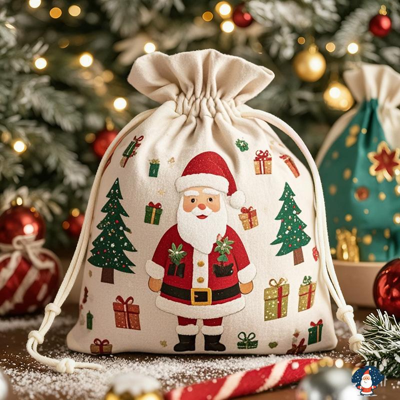 Christmas Large Canvas Drawstring Pocket Apple Large Gift Holiday Wrapping Gift Cotton Storage Bag