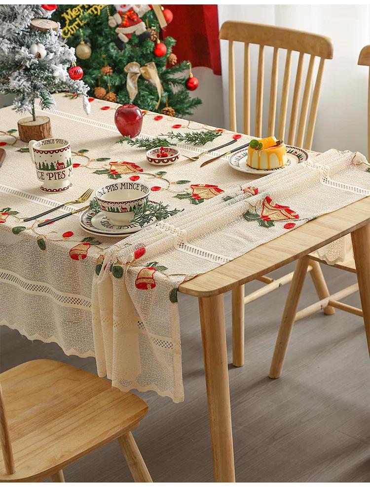 Christmas Beige Lace Tablecloth Beige Red Lucky Bells Washable Table Cover for Party Wedding Picnic Dinner Decor