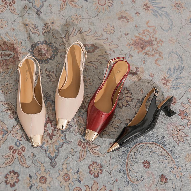 Pantofi cu toc înalt Baotou din piele lăcuită roșie pentru primăvara/vara 2024 - Sandale șic pentru navetă