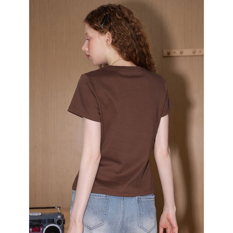 Coolhut American Retro Print Slim Fit Sweet and Spicy Style Round Neck 2025 Summer Women's T-Shirt Short Rose Versatile Niche