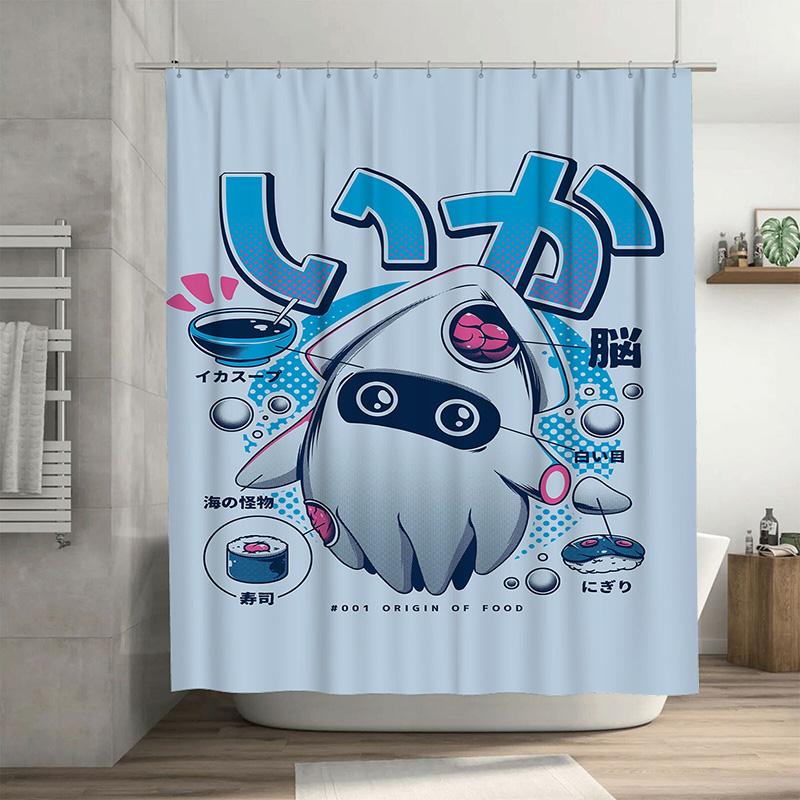 

Cute Cartoon Shower Curtain Food Origin Decor Waterproof Fabric for Bathroom Washable with Hooks Included (Light Blue) 90x180cm