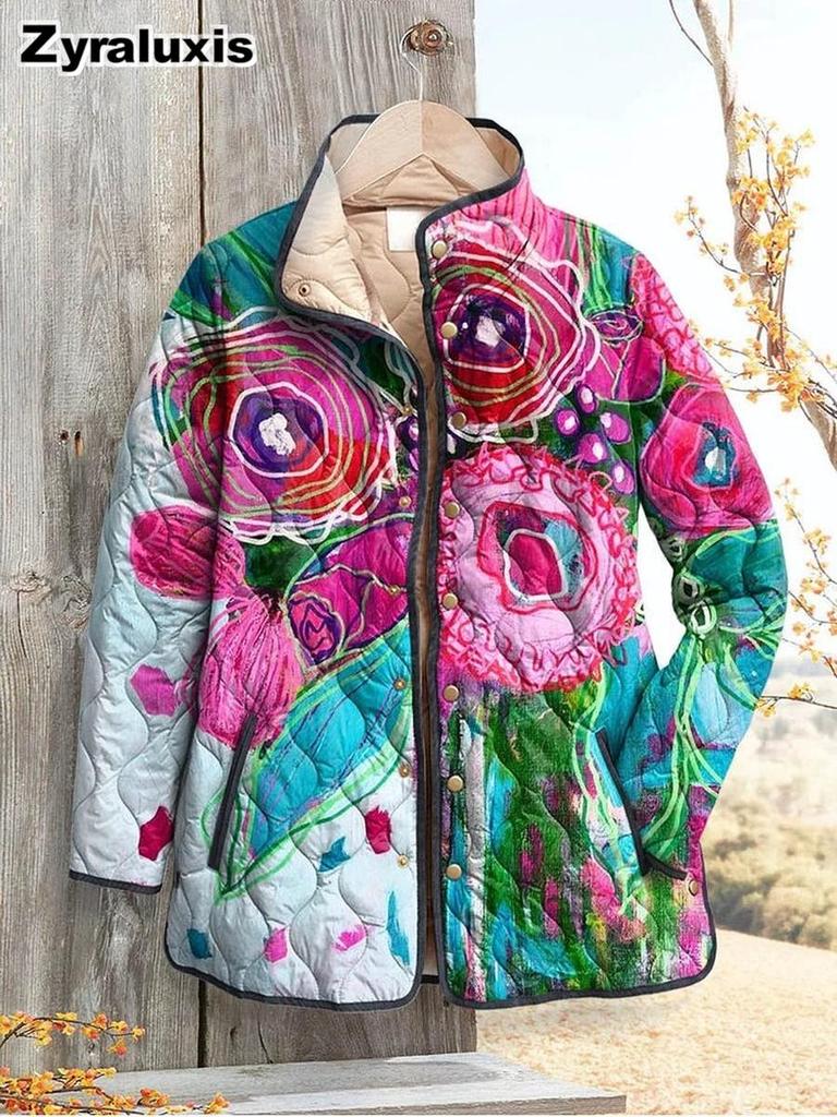 Women's Padded Cotton Jacket Floral Digital Print Women's Cotton Jacket