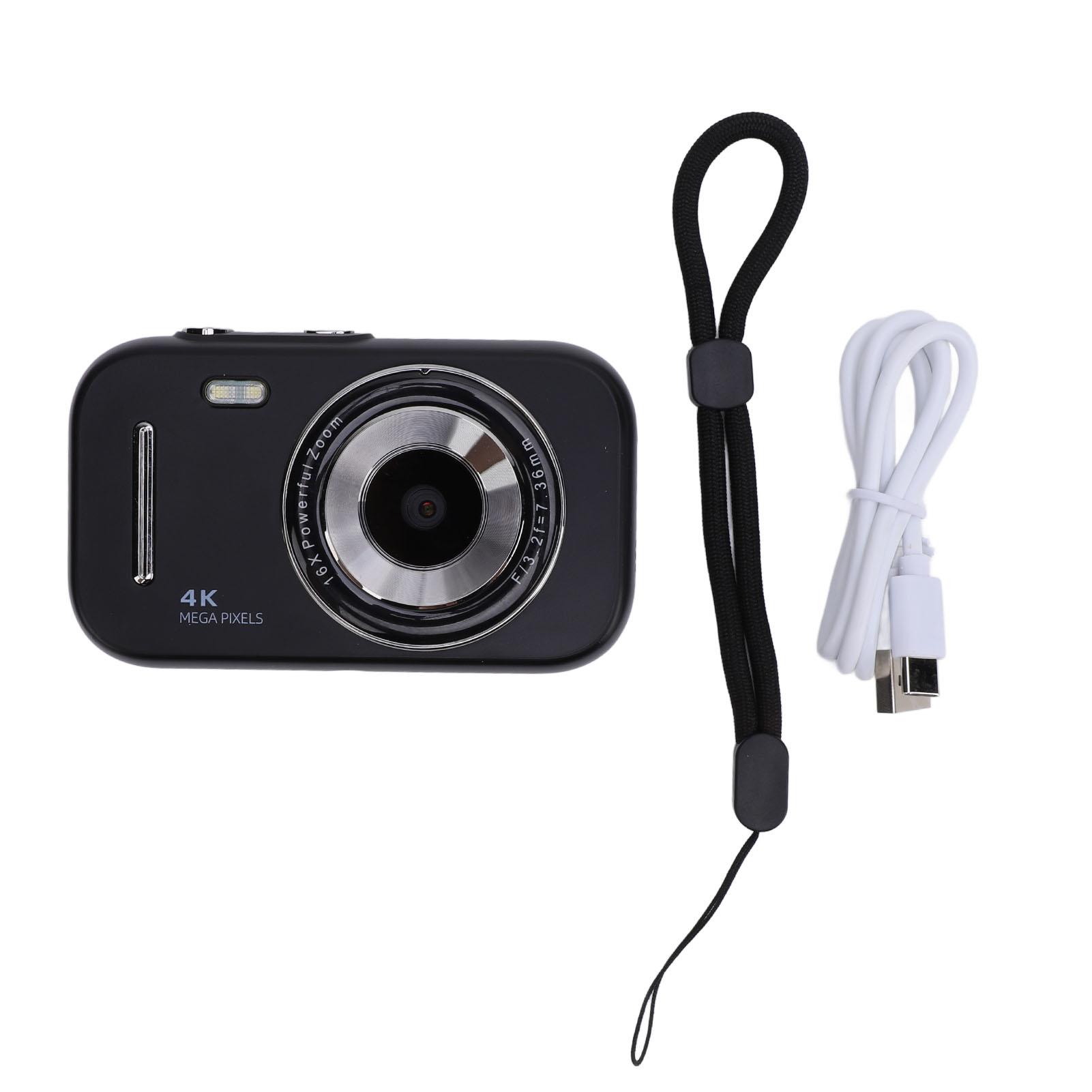 

Детская цифровая камера 2,8 дюйма, 16-кратный зум, перезаряжаемая портативная 48-мегапиксельная камера для детей, видеорегистратор 4K Black