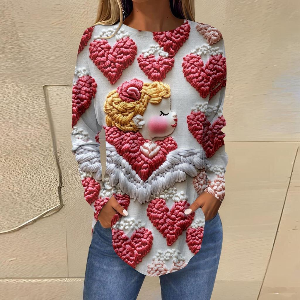 Damenmode Lockerer Rundhals Bedrucktes Langarm T-Shirt Top