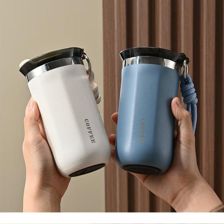 Double-Layer Vacuum-Insulated Coffee Mug with Pull-Up Handle 304 Stainless Steel Thermos Outdoor Portable Sports Water Bottle Solid Color Water Cup