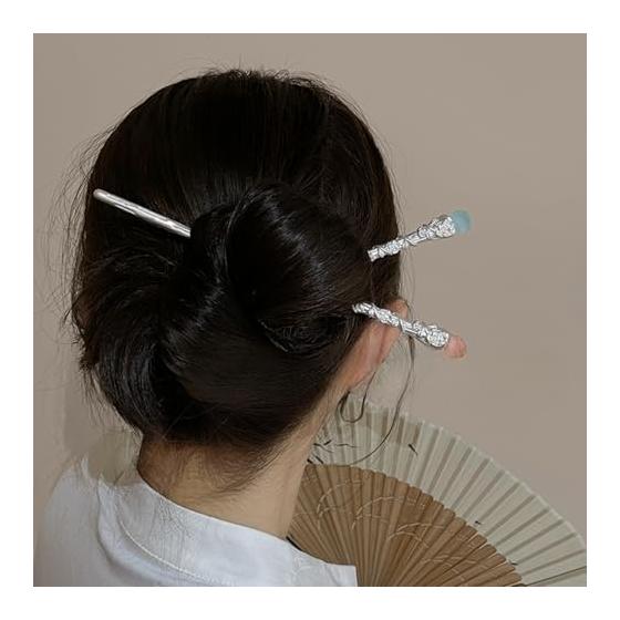 Kanzashi Hair Stick with Natural Stone (Rose/Ash Pink) - 17cm Brass Gold Plated, Simple Hair Accessory for Yukata, Kimono, Daily Wear, Gift for Women