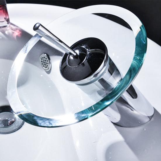 Waterfall Bathroom Sink Faucet 1 Handle Single Hole Glass Basin Tap Water Switch
