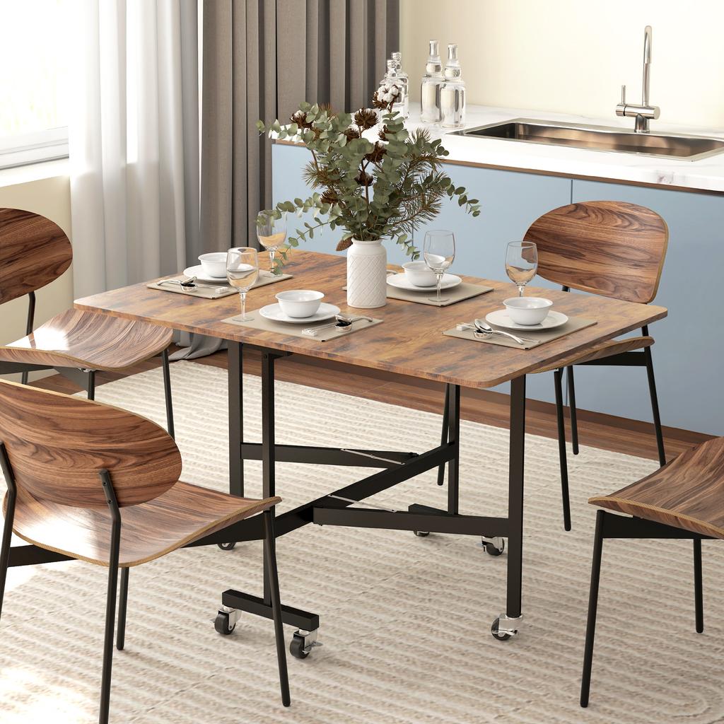 Folding Kitchen Dining Table, 2 Drop Leaves, 6 Wheels, Seats 4-6, 120 x 80 x 73 cm, Rustic Brown