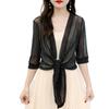 Women Shawl Coat V-neck 3/4 Sleeve Lace-up Thin Coat Solid Color Strappy Design Regular Fit Top Cocktail Party Wear
